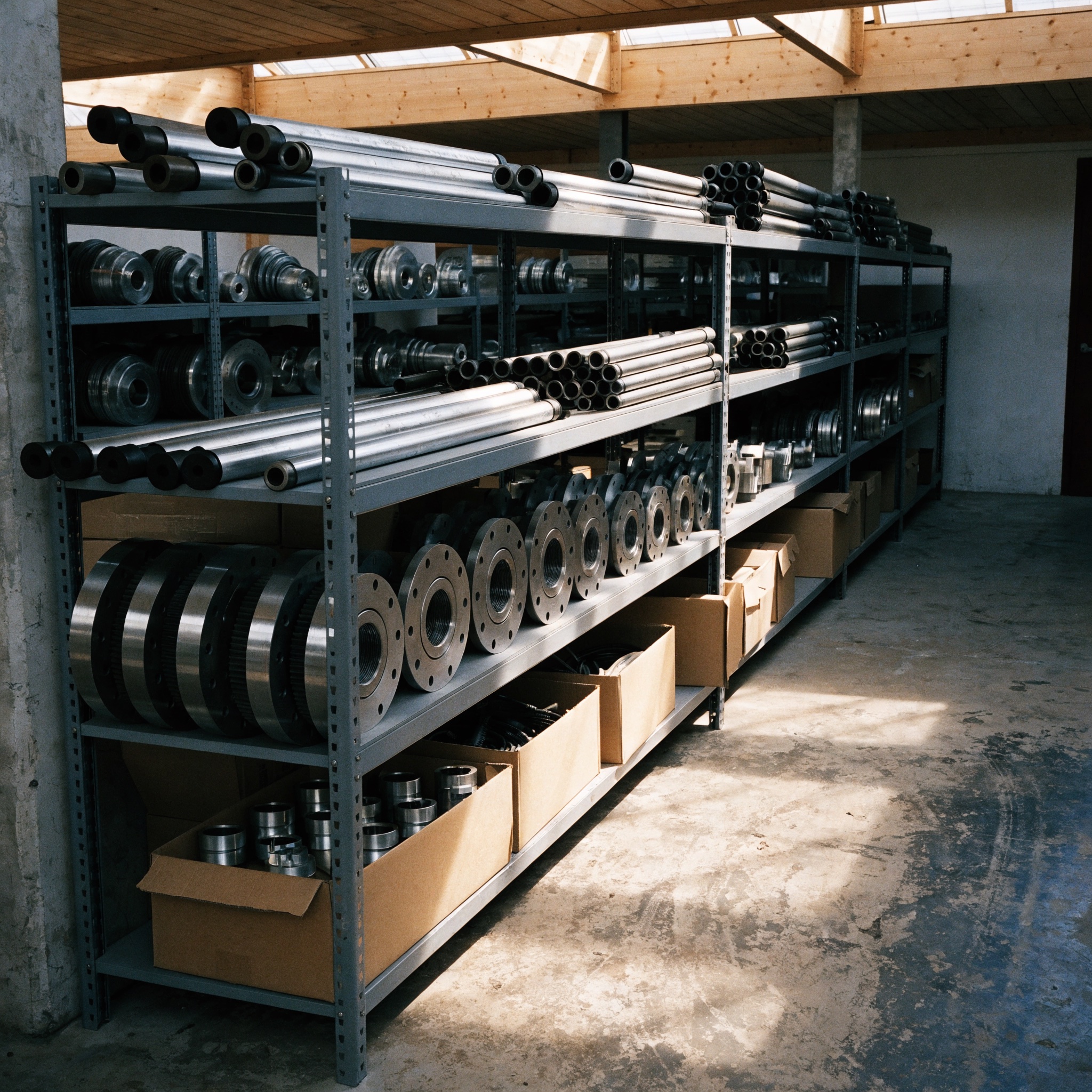 Helle Lagerhalle mit Antriebswellen in Regalen